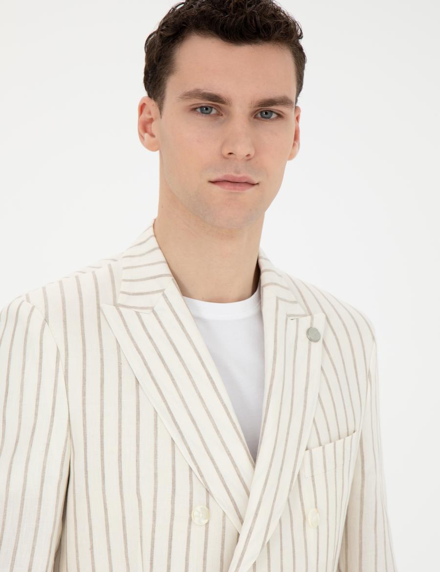 Ekru Slim Fit Çizgili Keten Kruvaze Ceket