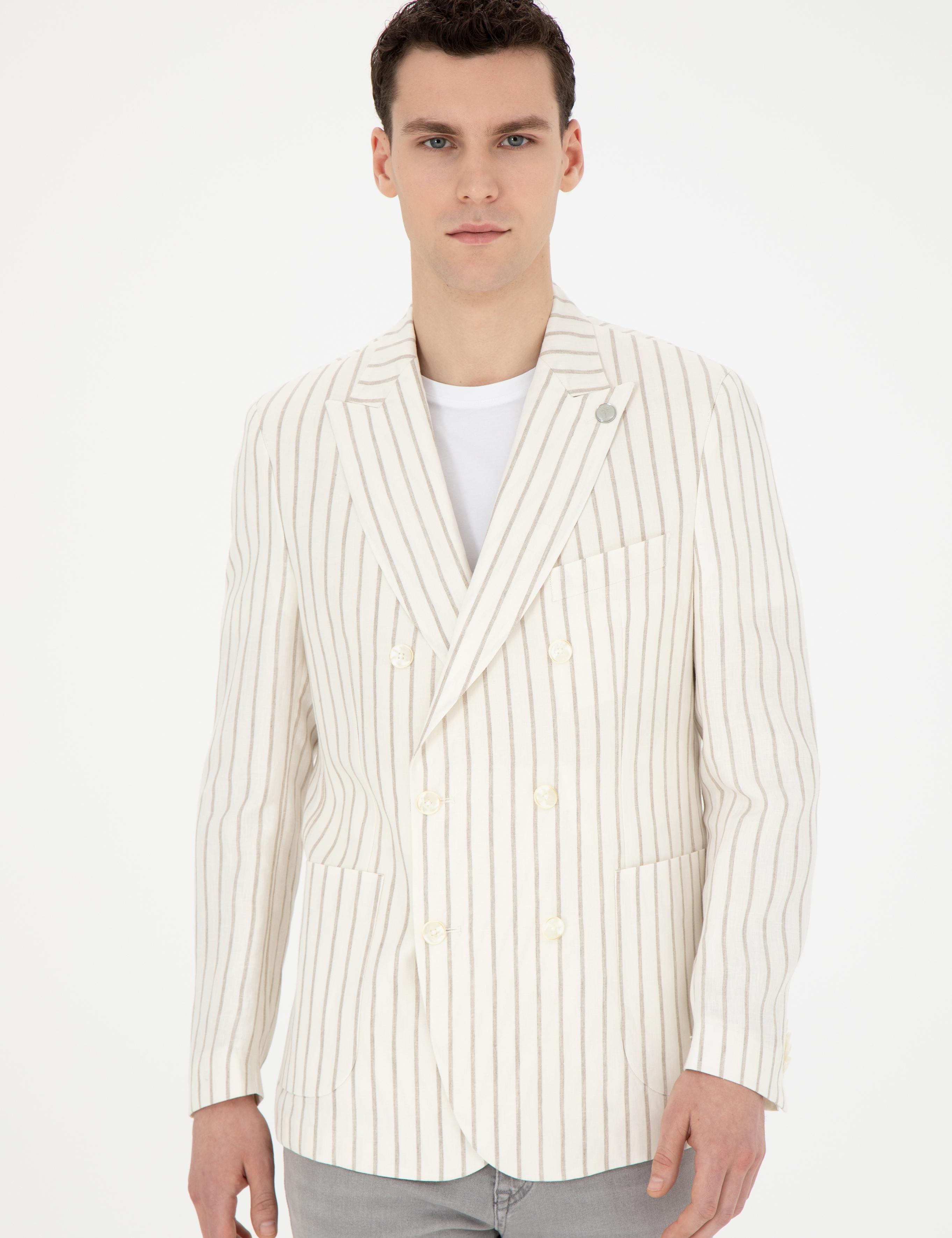 Ekru Slim Fit Çizgili Keten Kruvaze Ceket