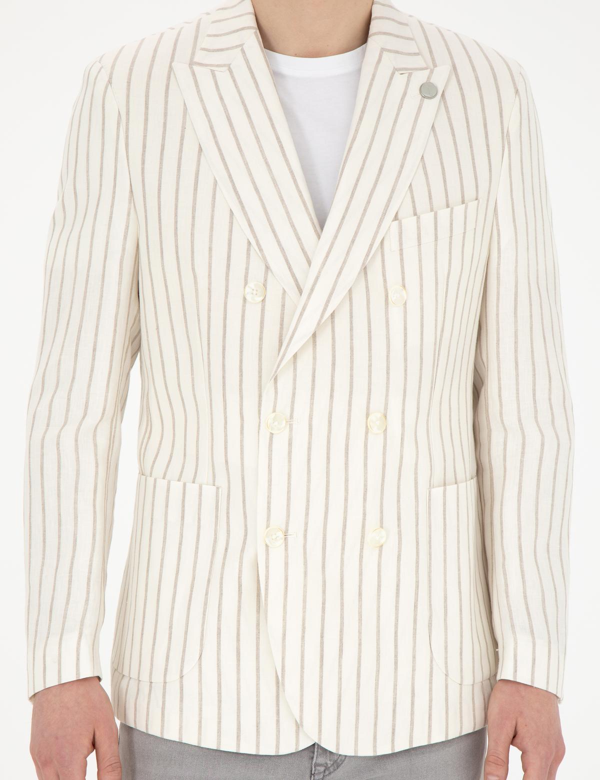 Ekru Slim Fit Çizgili Keten Kruvaze Ceket - 50284938002