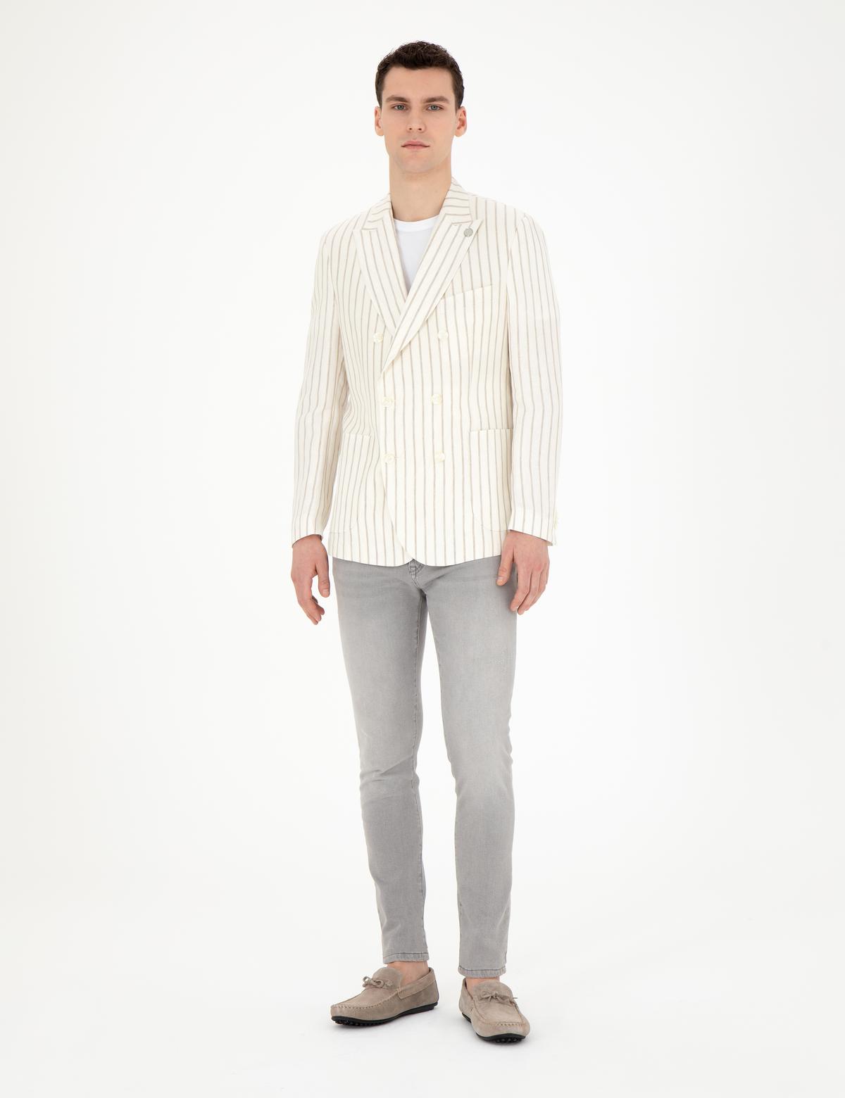Ekru Slim Fit Çizgili Keten Kruvaze Ceket - 50284938002