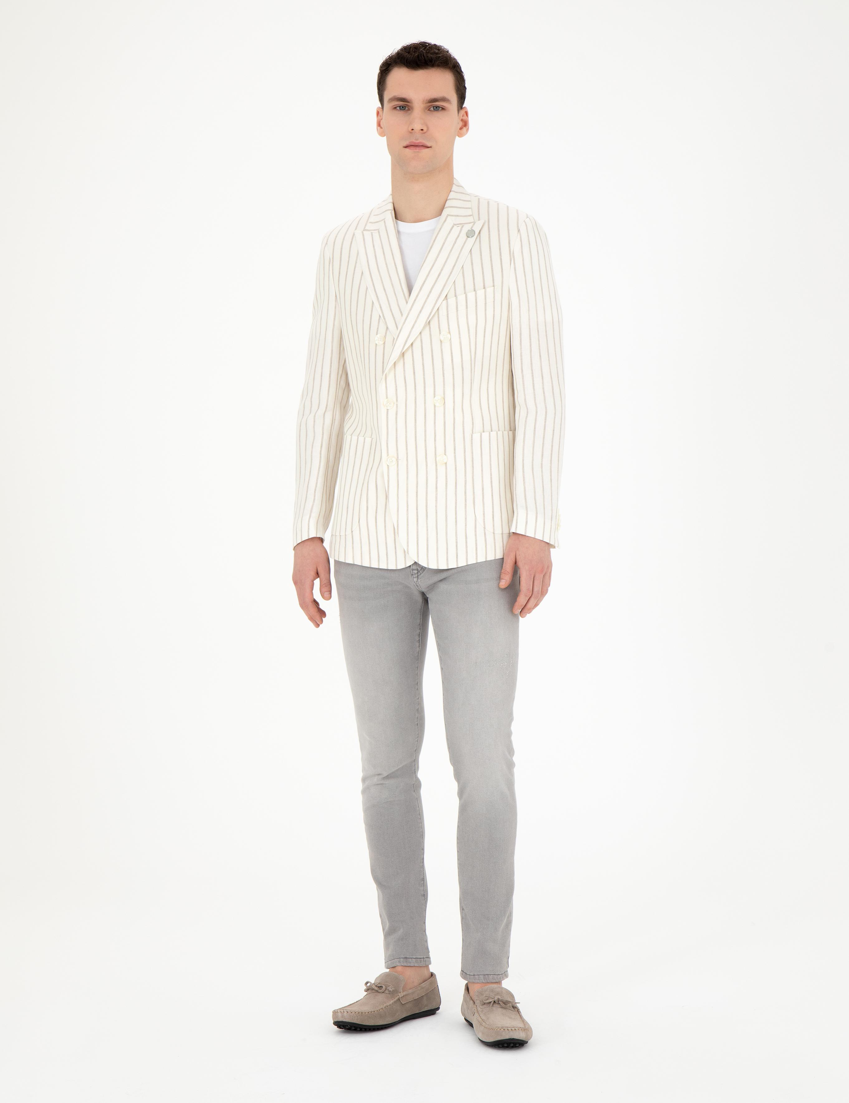 Ekru Slim Fit Çizgili Keten Kruvaze Ceket