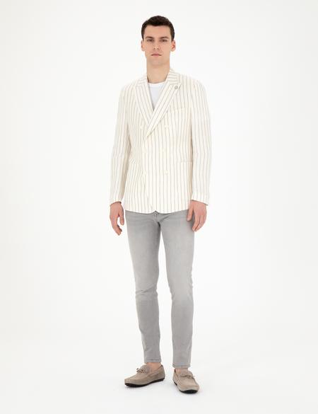 Ekru Slim Fit Çizgili Keten Kruvaze Ceket - 50284938002