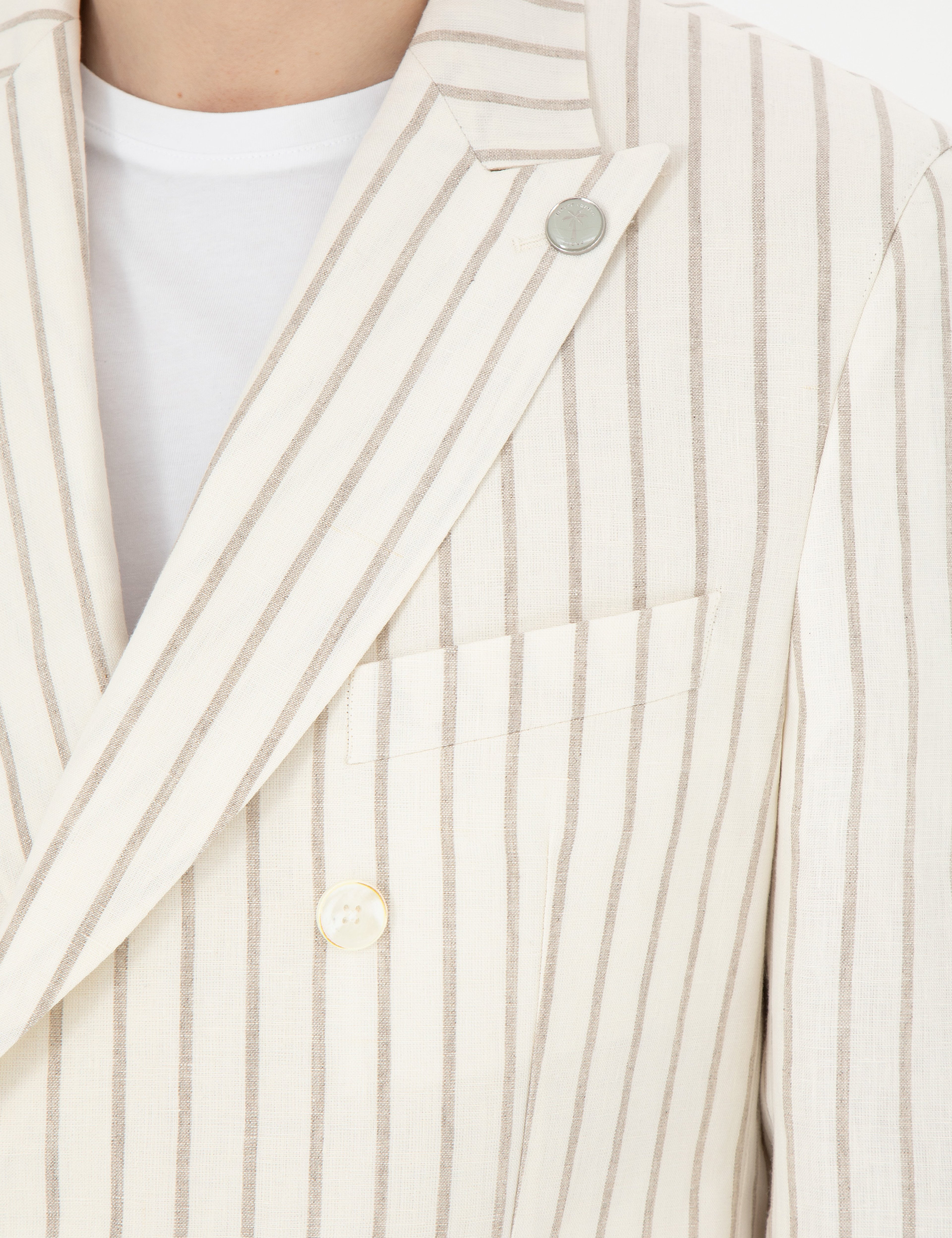 Ekru Slim Fit Çizgili Keten Kruvaze Ceket