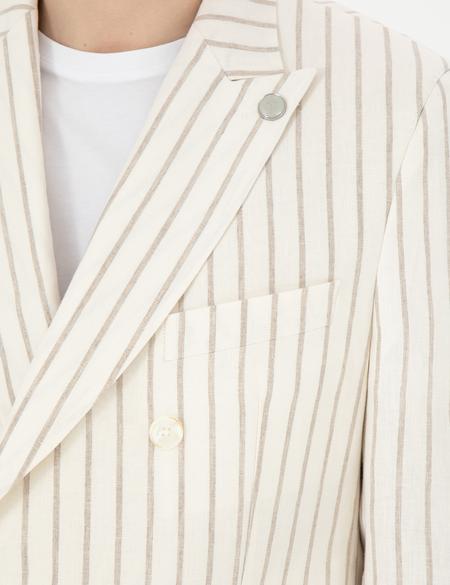 Ekru Slim Fit Çizgili Keten Kruvaze Ceket - 50284938002