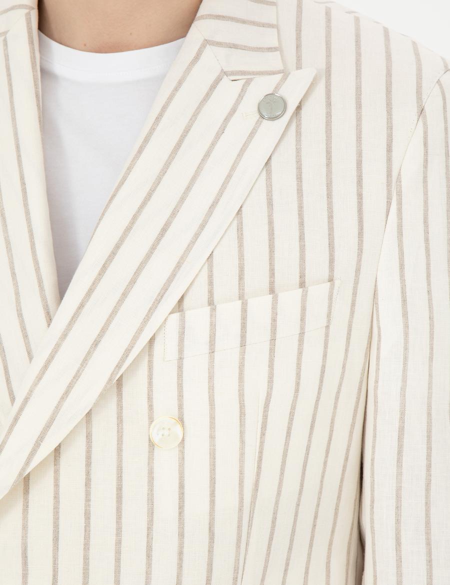 Ekru Slim Fit Çizgili Keten Kruvaze Ceket