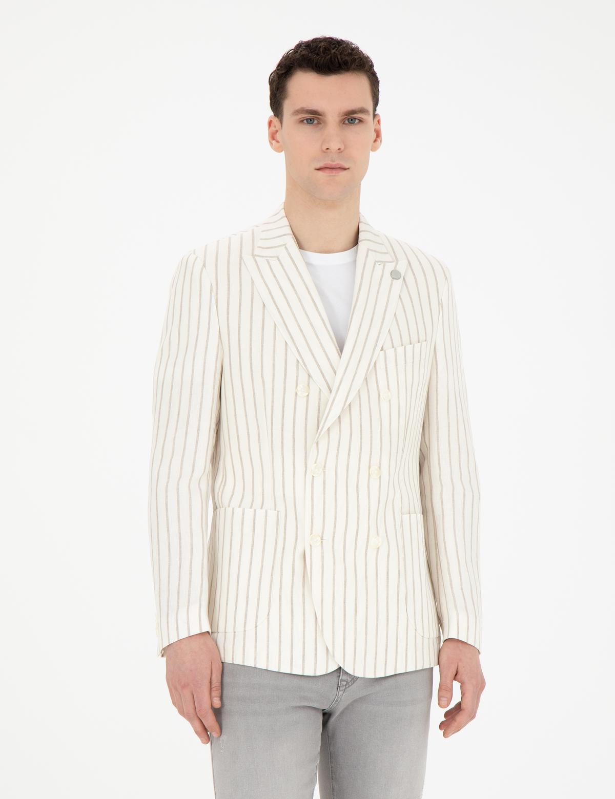 Ekru Slim Fit Çizgili Keten Kruvaze Ceket