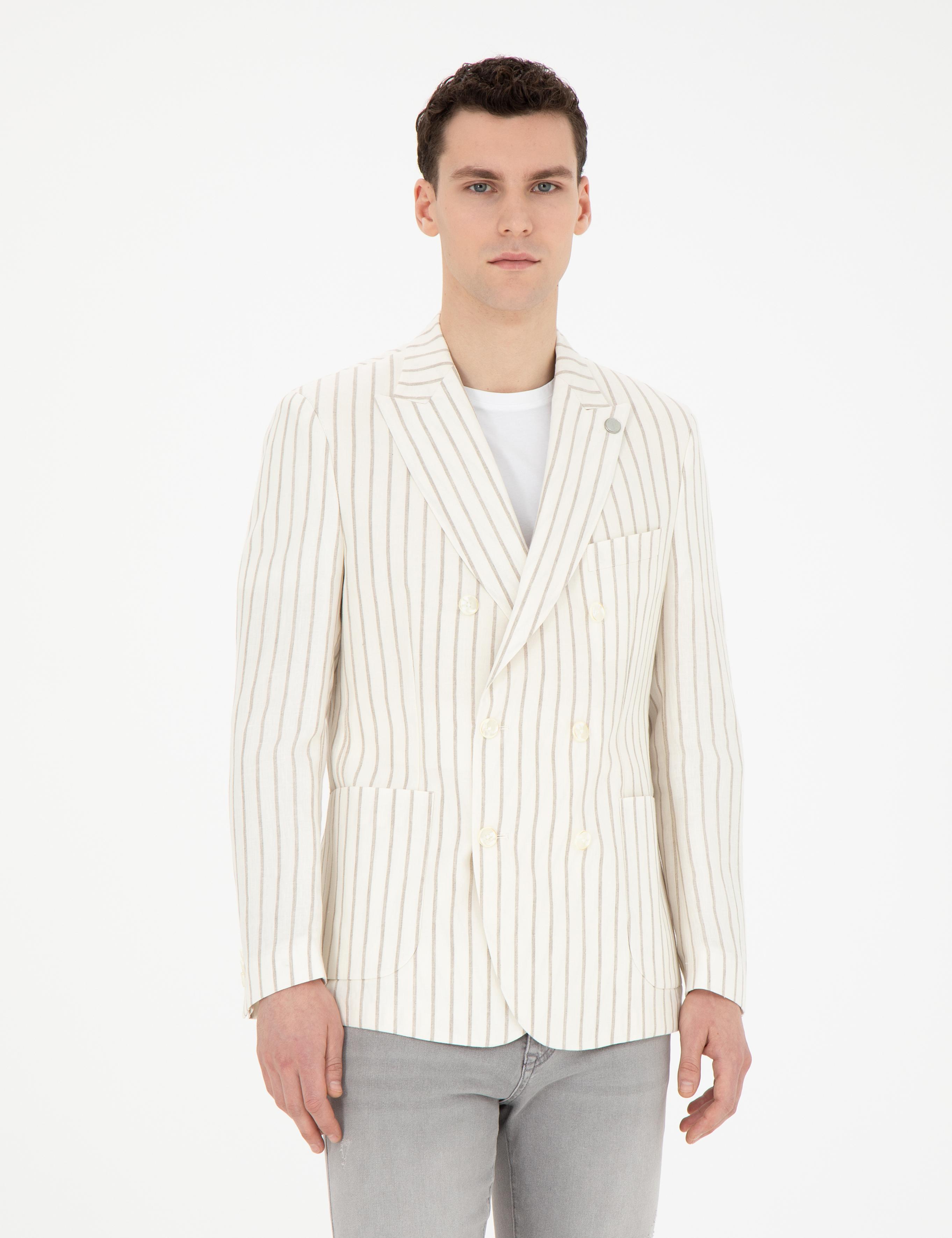 Ekru Slim Fit Çizgili Keten Kruvaze Ceket