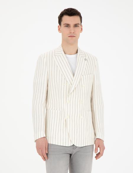 Ekru Slim Fit Çizgili Keten Kruvaze Ceket - 50284938002