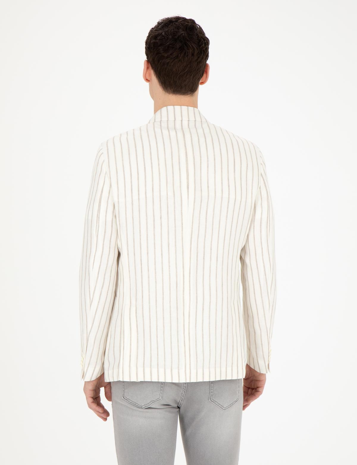 Ekru Slim Fit Çizgili Keten Kruvaze Ceket - 50284938002