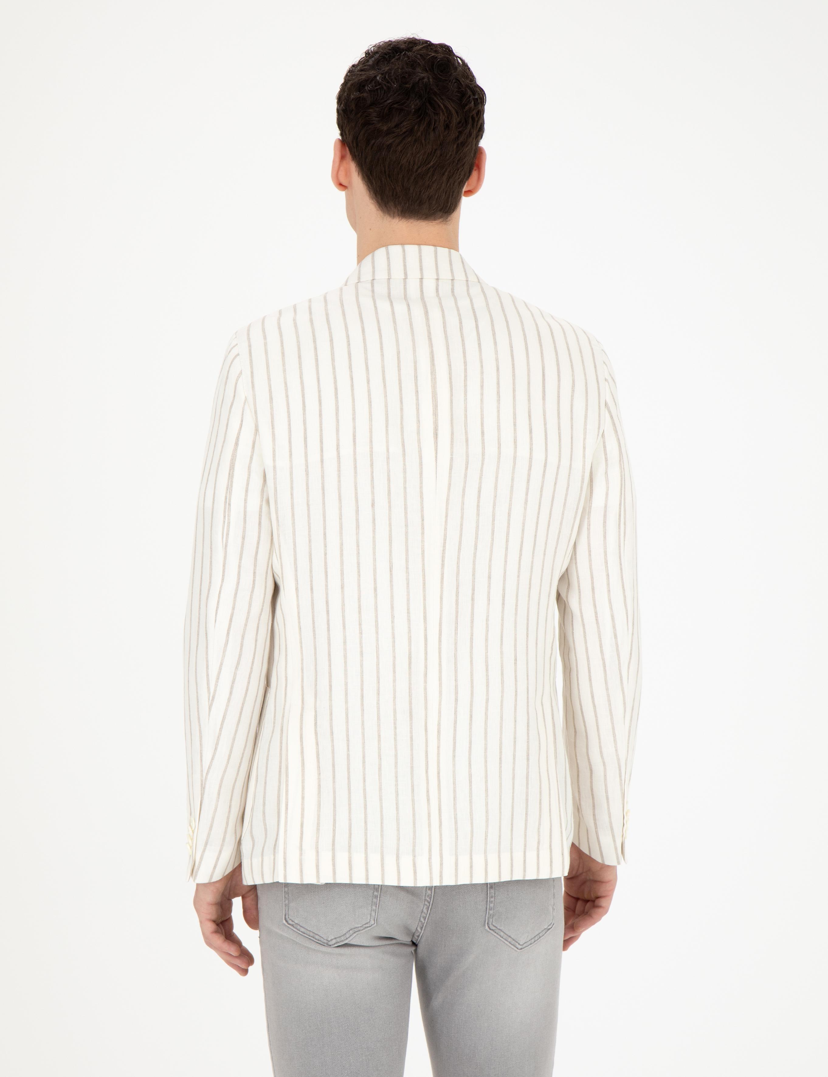 Ekru Slim Fit Çizgili Keten Kruvaze Ceket