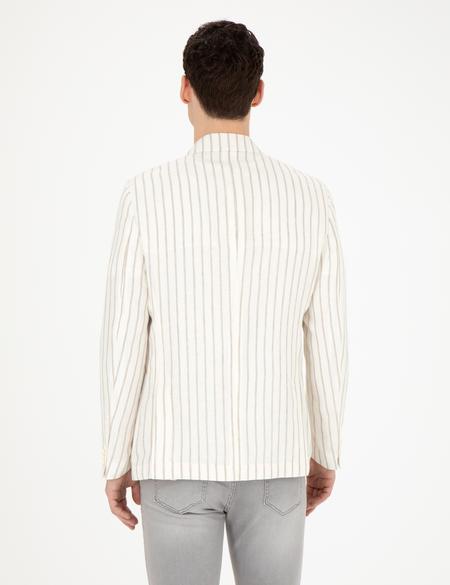 Ekru Slim Fit Çizgili Keten Kruvaze Ceket - 50284938002