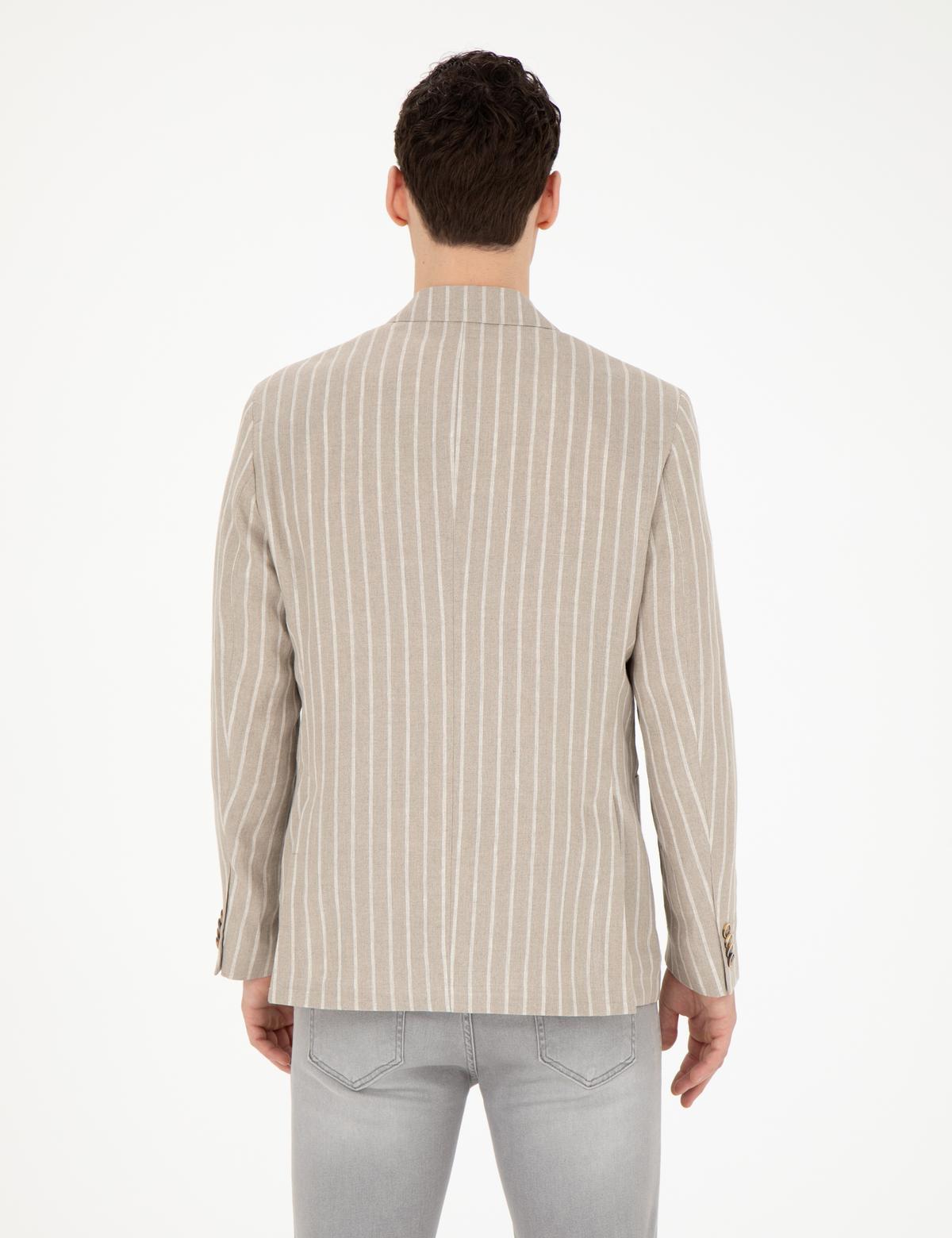 Açık Kahverengi Slim Fit Keten Çizgili Ceket - 50284995008
