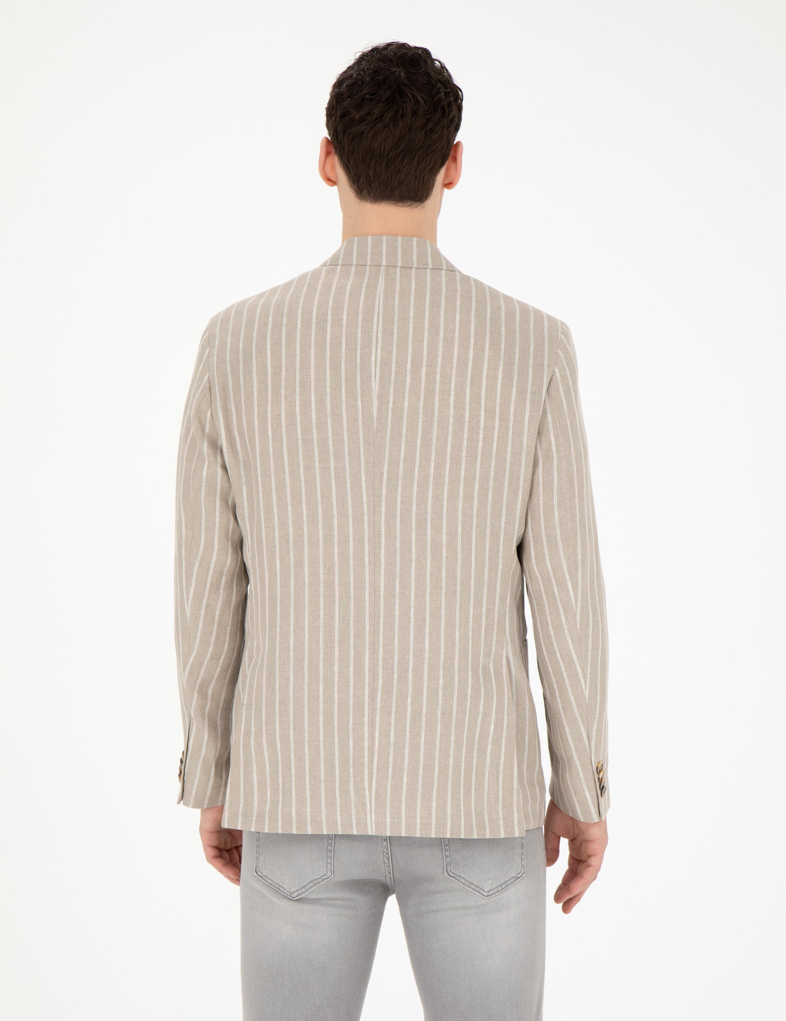 Açık Kahverengi Slim Fit Keten Çizgili Ceket