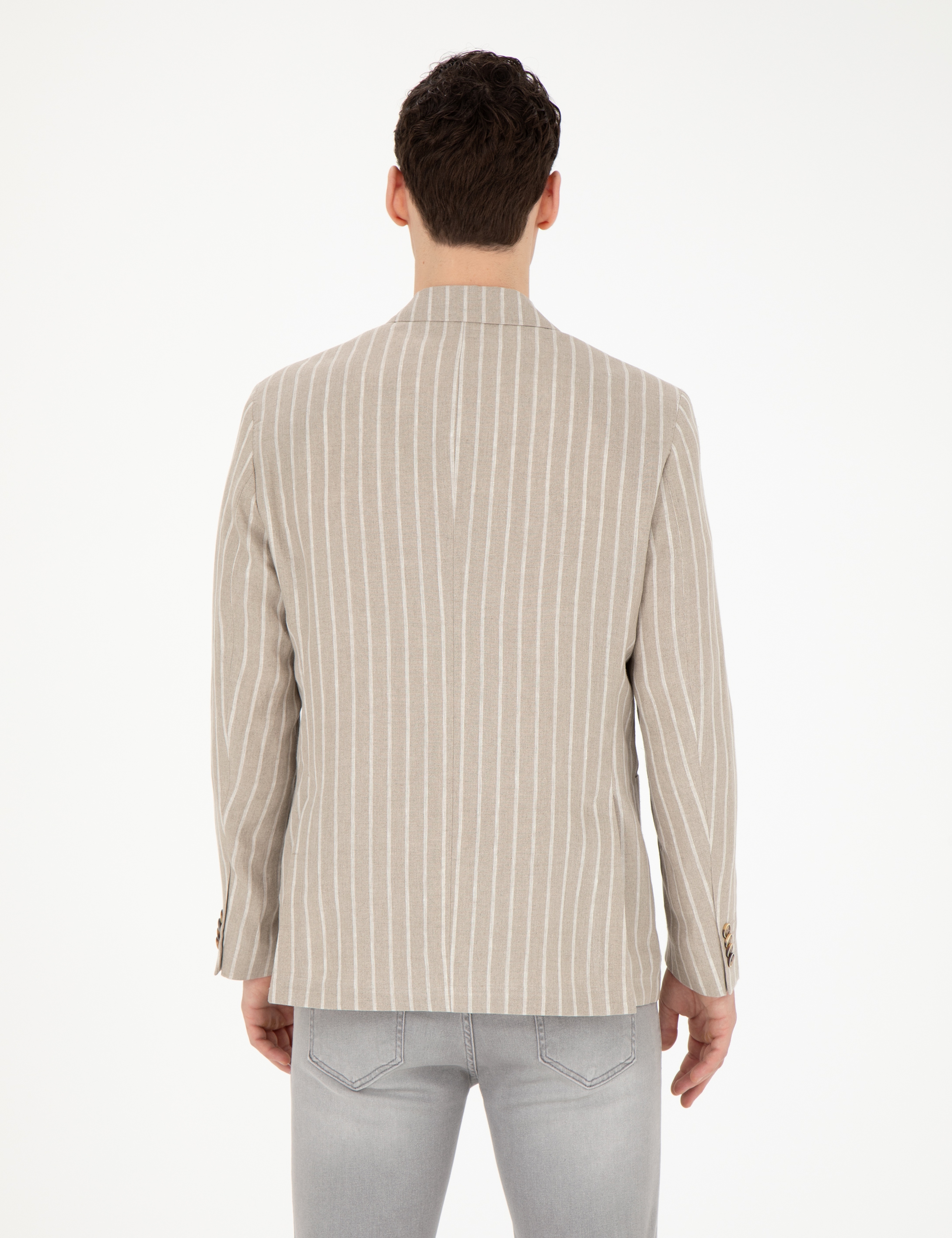Açık Kahverengi Slim Fit Keten Çizgili Ceket - Image 5