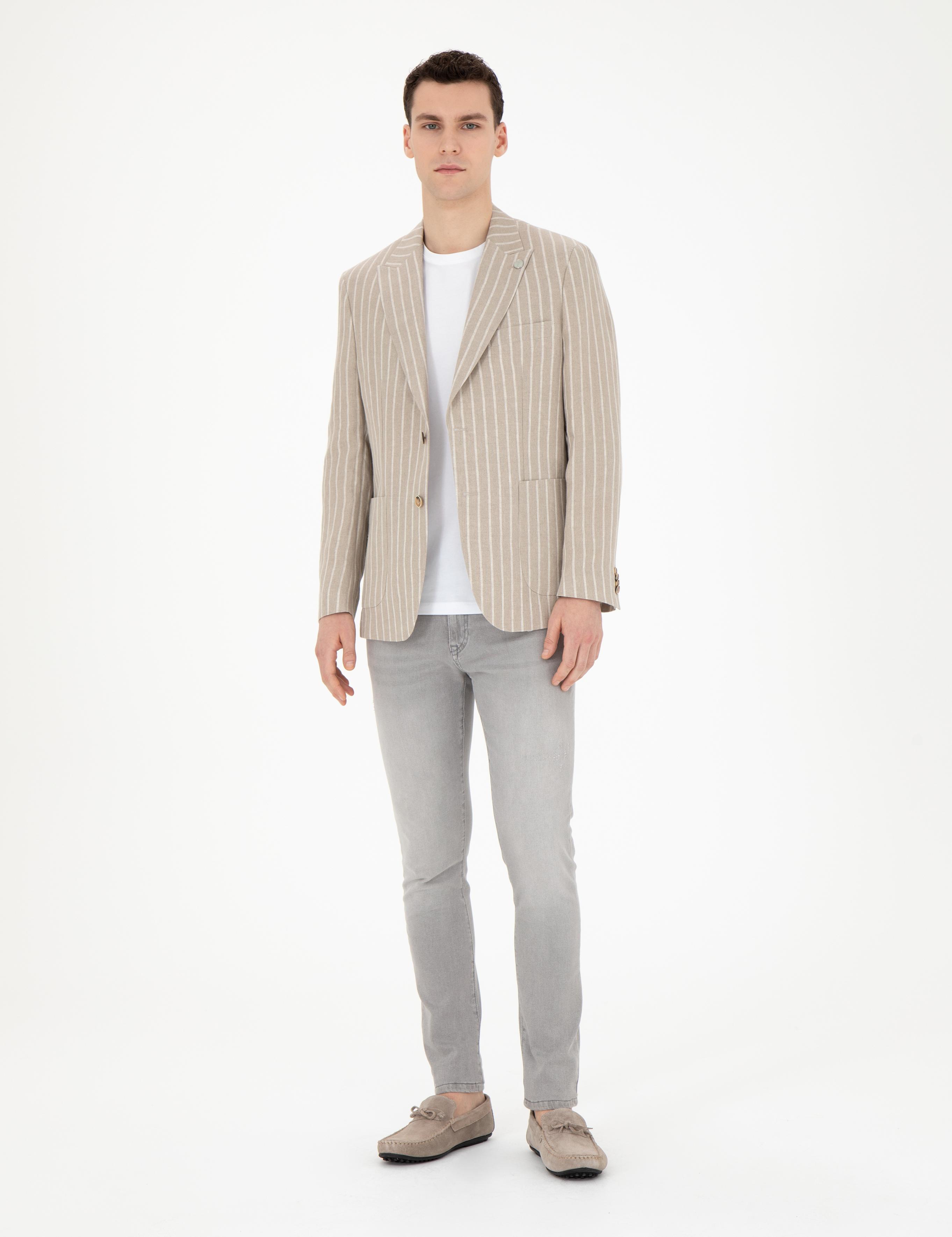 Açık Kahverengi Slim Fit Keten Çizgili Ceket