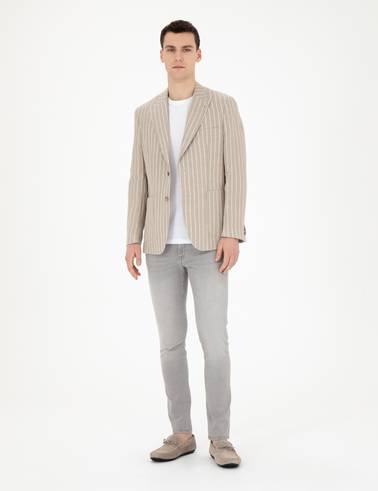 Açık Kahverengi Slim Fit Keten Çizgili Ceket