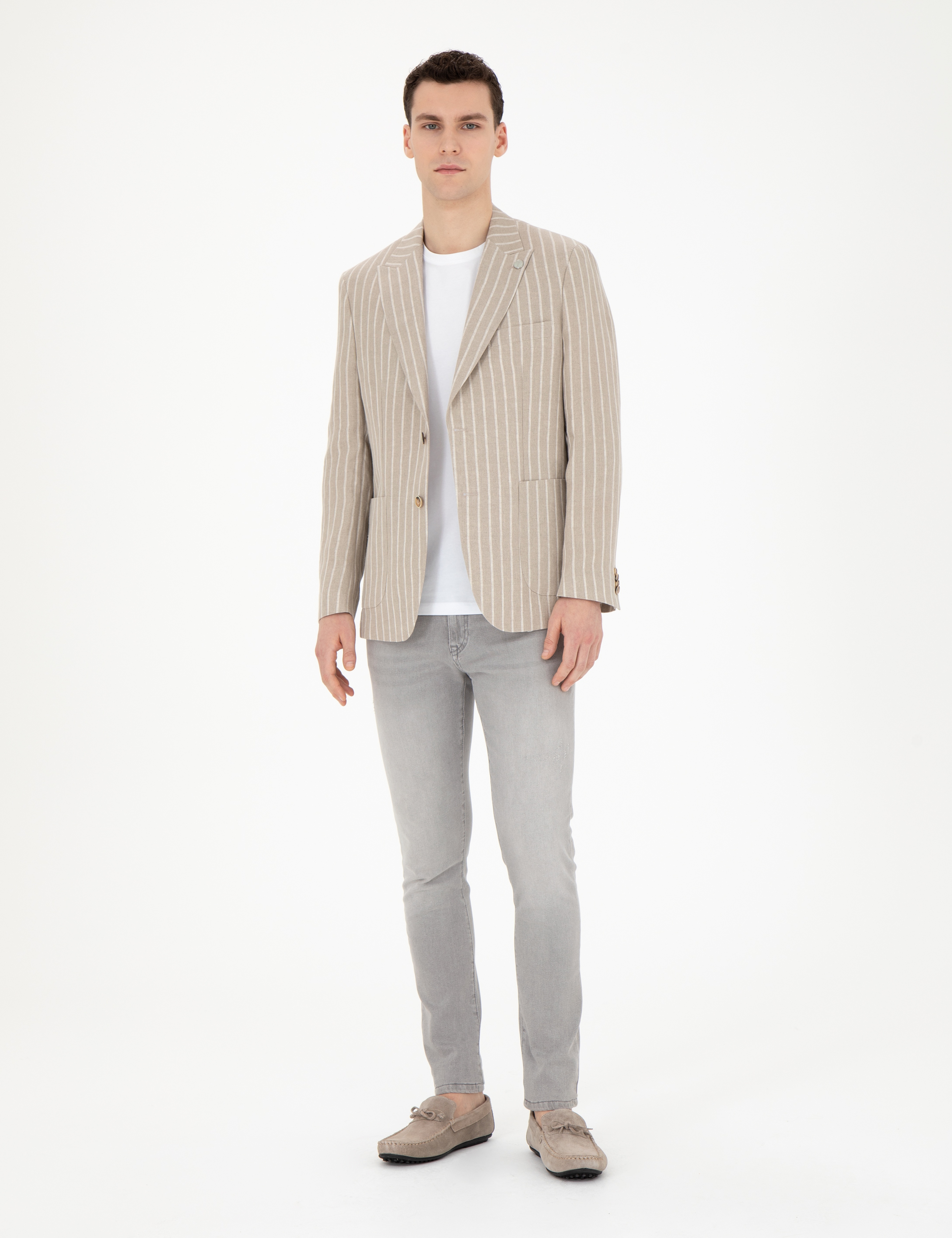 Açık Kahverengi Slim Fit Keten Çizgili Ceket - Image 4