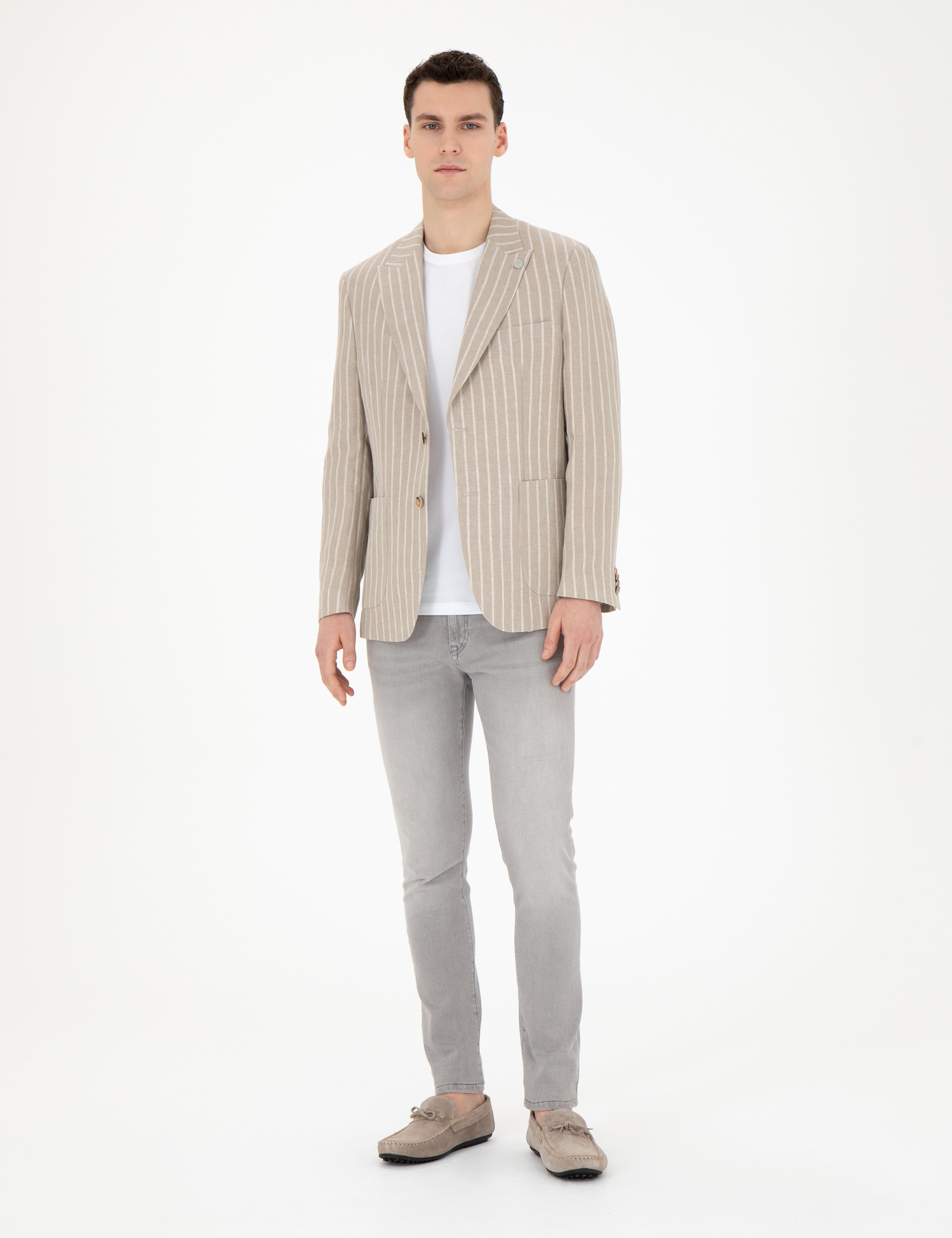 Açık Kahverengi Slim Fit Keten Çizgili Ceket