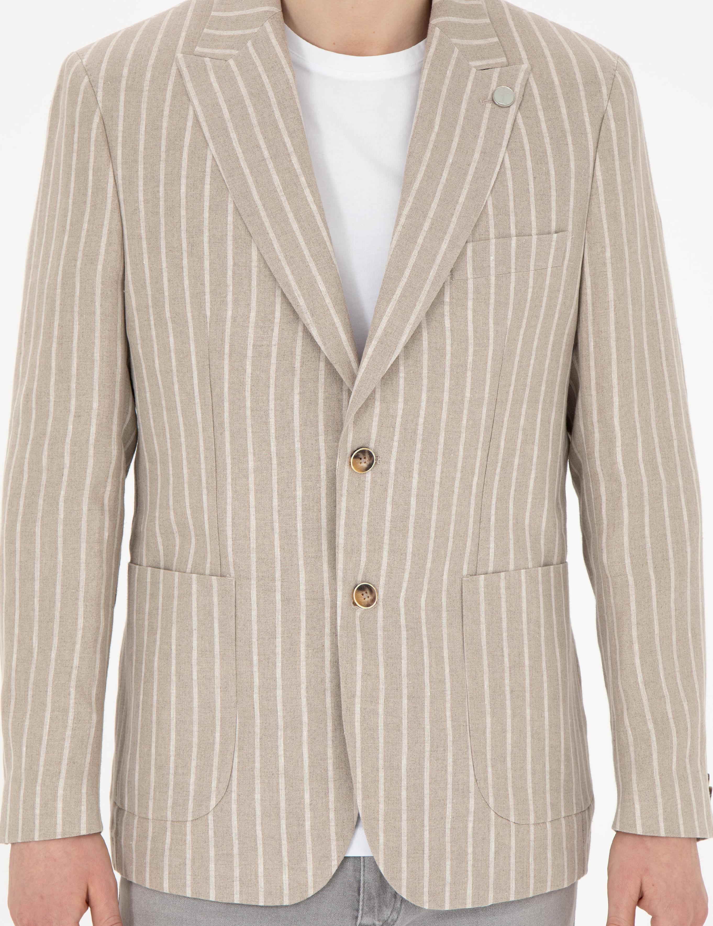 Açık Kahverengi Slim Fit Keten Çizgili Ceket