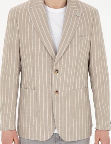 Açık Kahverengi Slim Fit Keten Çizgili Ceket