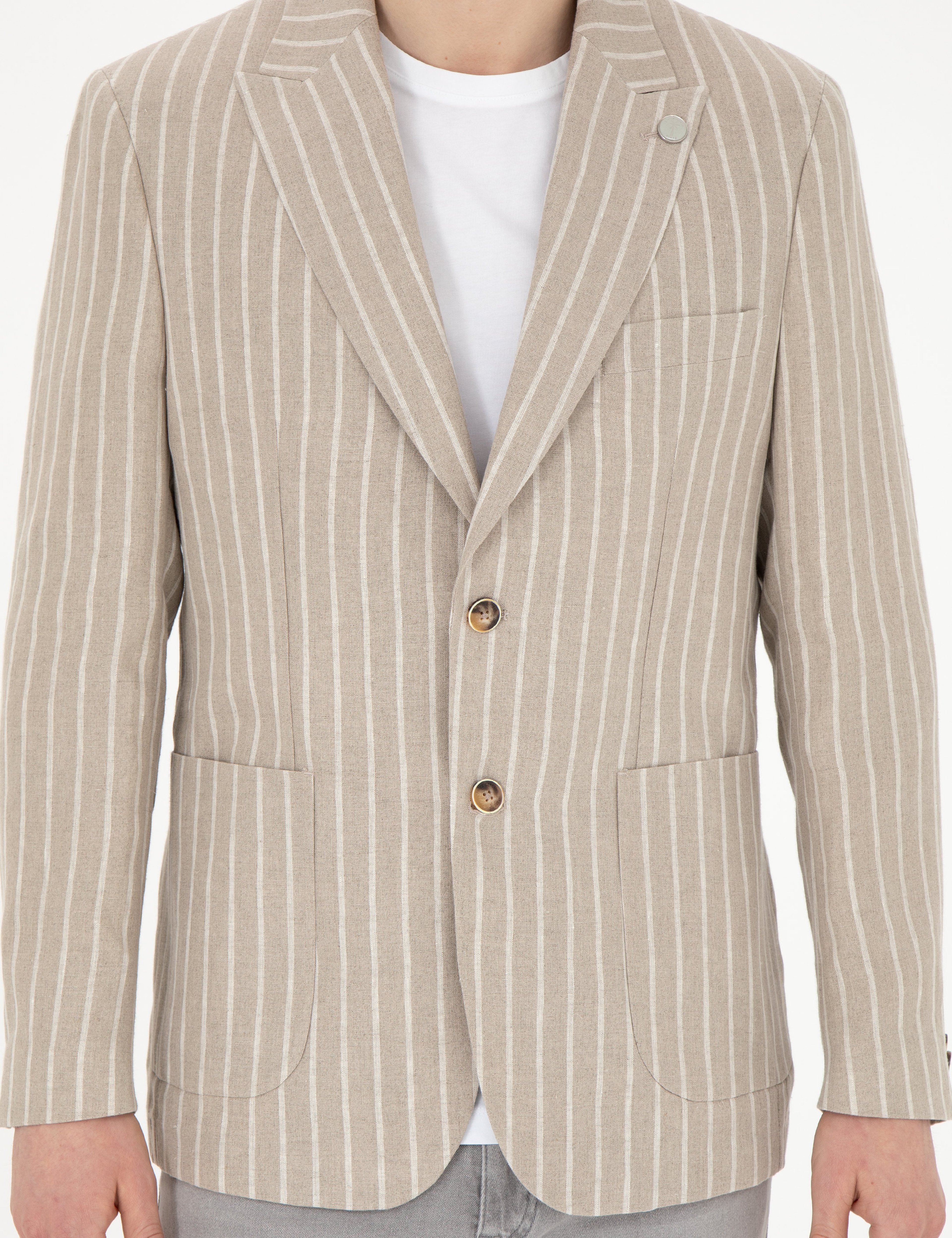 Açık Kahverengi Slim Fit Keten Çizgili Ceket