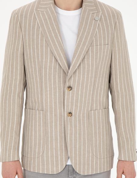 Açık Kahverengi Slim Fit Keten Çizgili Ceket - 50284995008