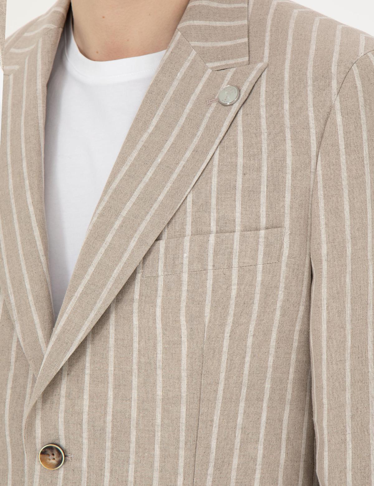 Açık Kahverengi Slim Fit Keten Çizgili Ceket - 50284995008
