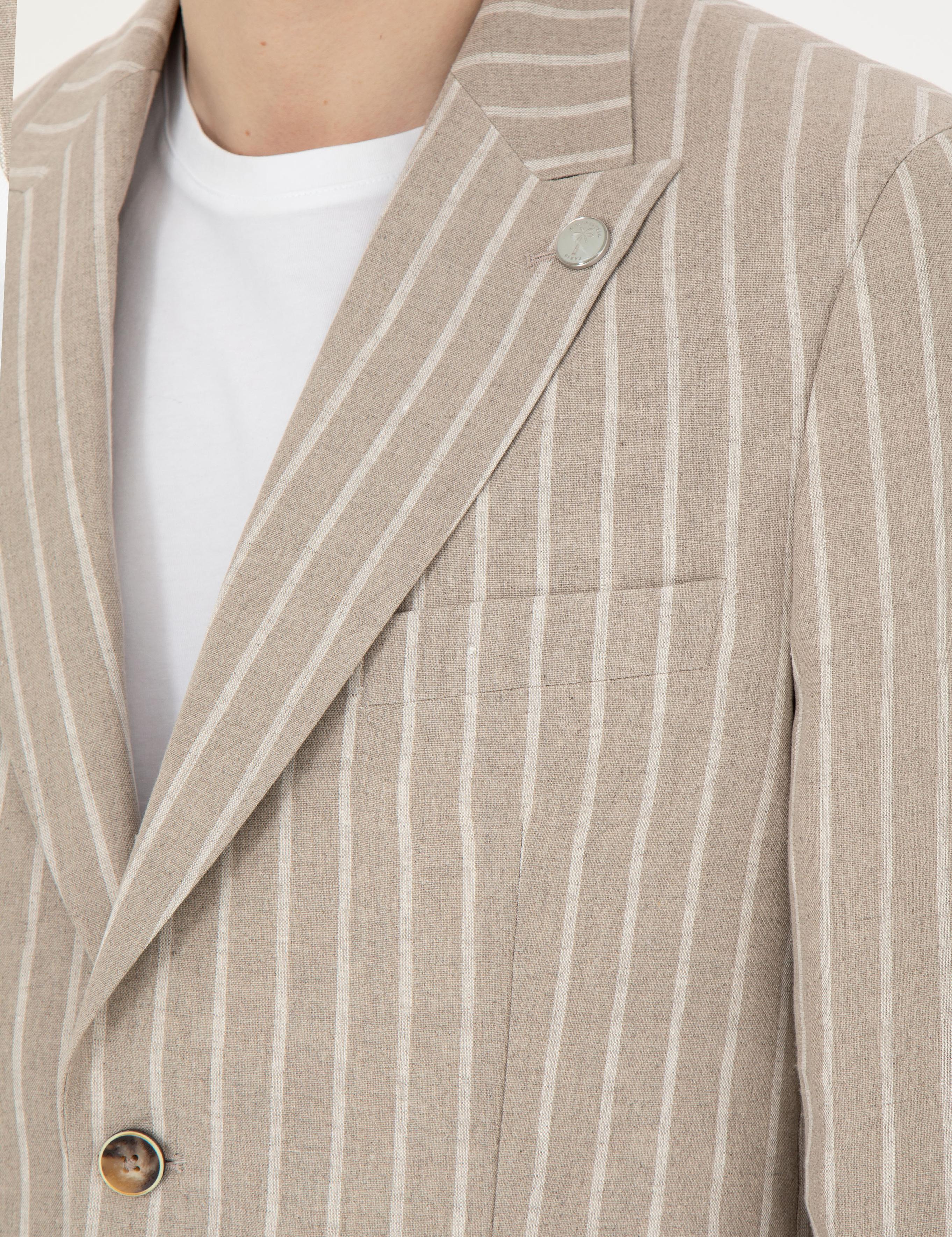 Açık Kahverengi Slim Fit Keten Çizgili Ceket