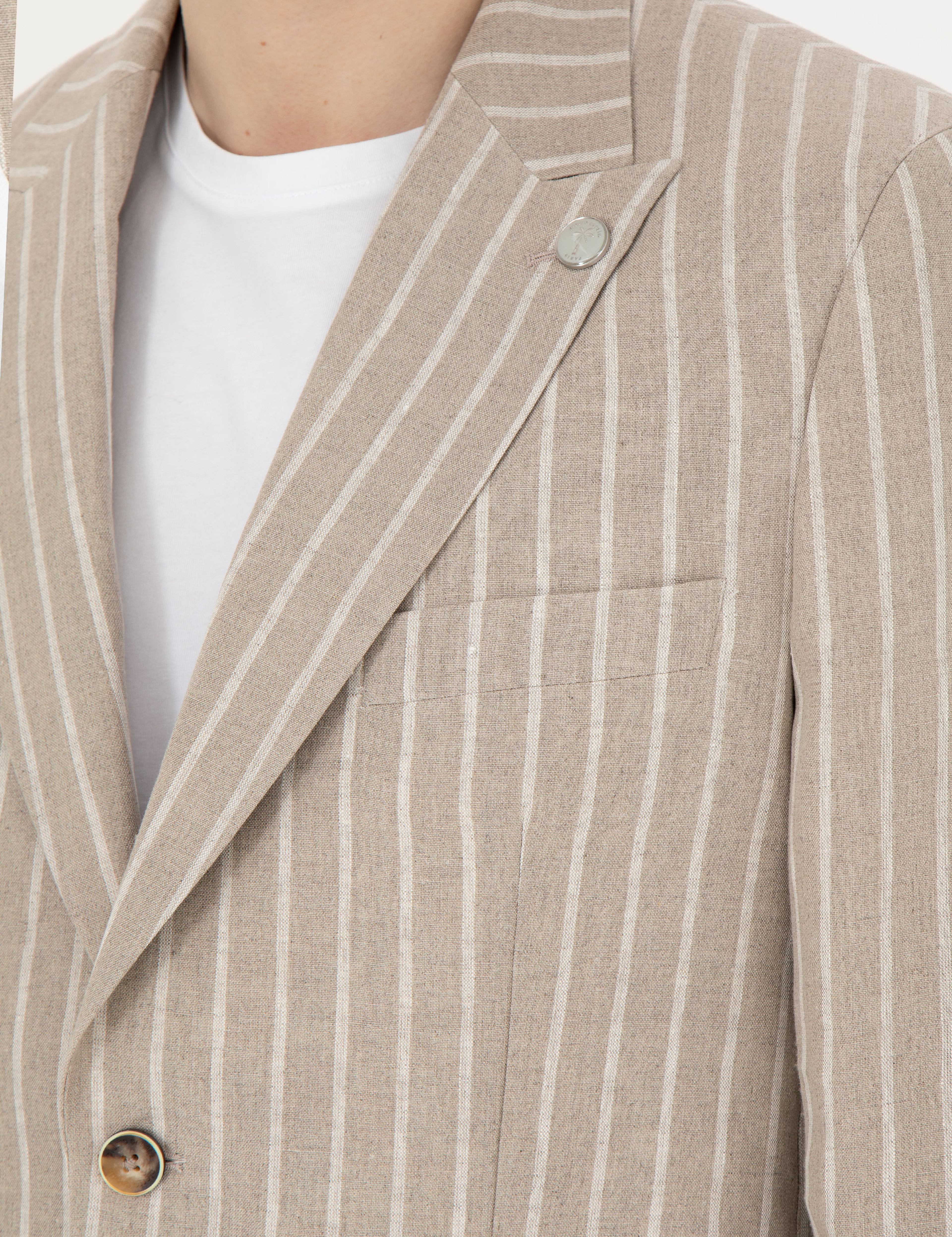 Açık Kahverengi Slim Fit Keten Çizgili Ceket - Image 7