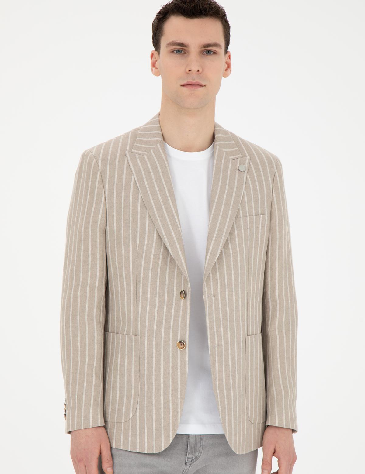 Açık Kahverengi Slim Fit Keten Çizgili Ceket - 50284995008