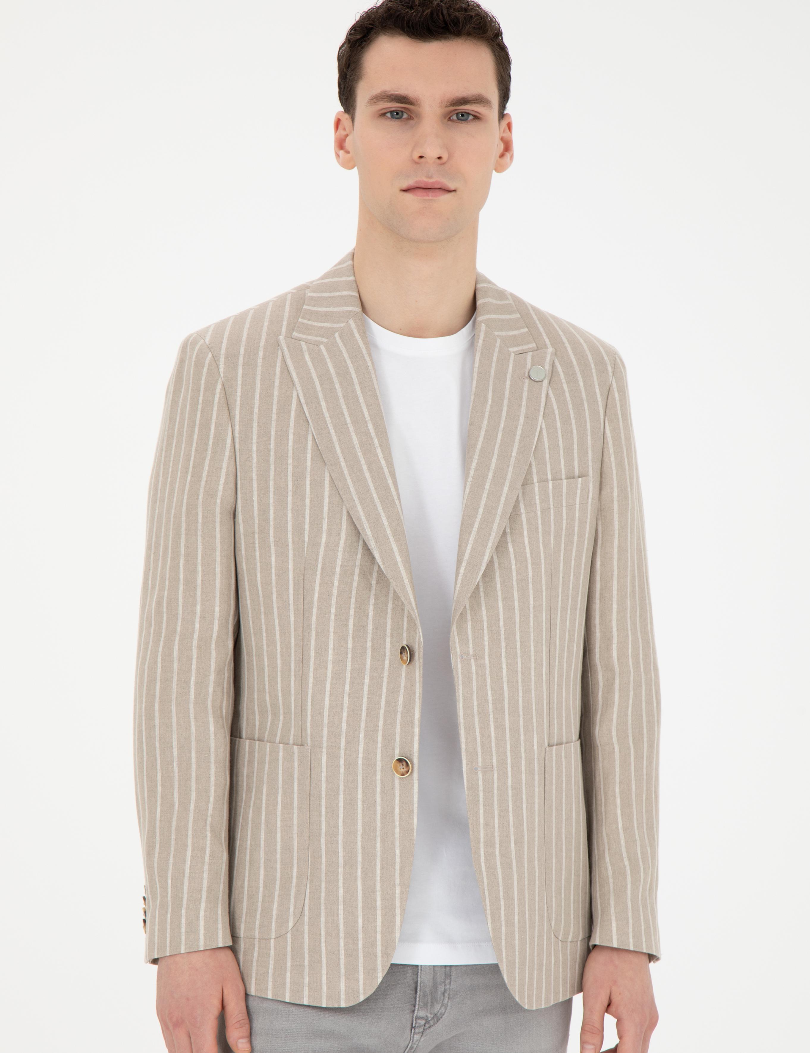 Açık Kahverengi Slim Fit Keten Çizgili Ceket