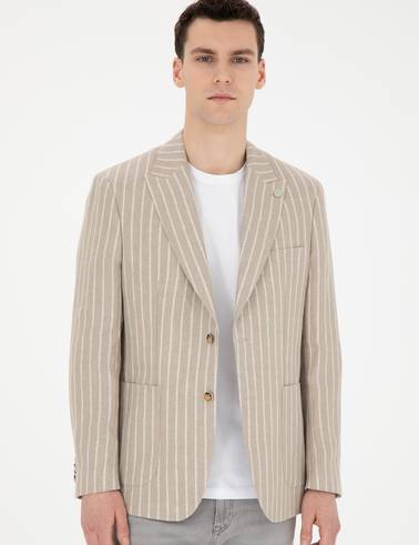 Açık Kahverengi Slim Fit Keten Çizgili Ceket