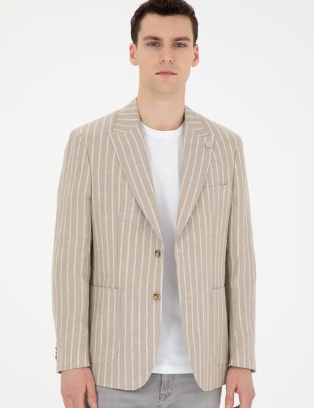 Açık Kahverengi Slim Fit Keten Çizgili Ceket - 50284995008