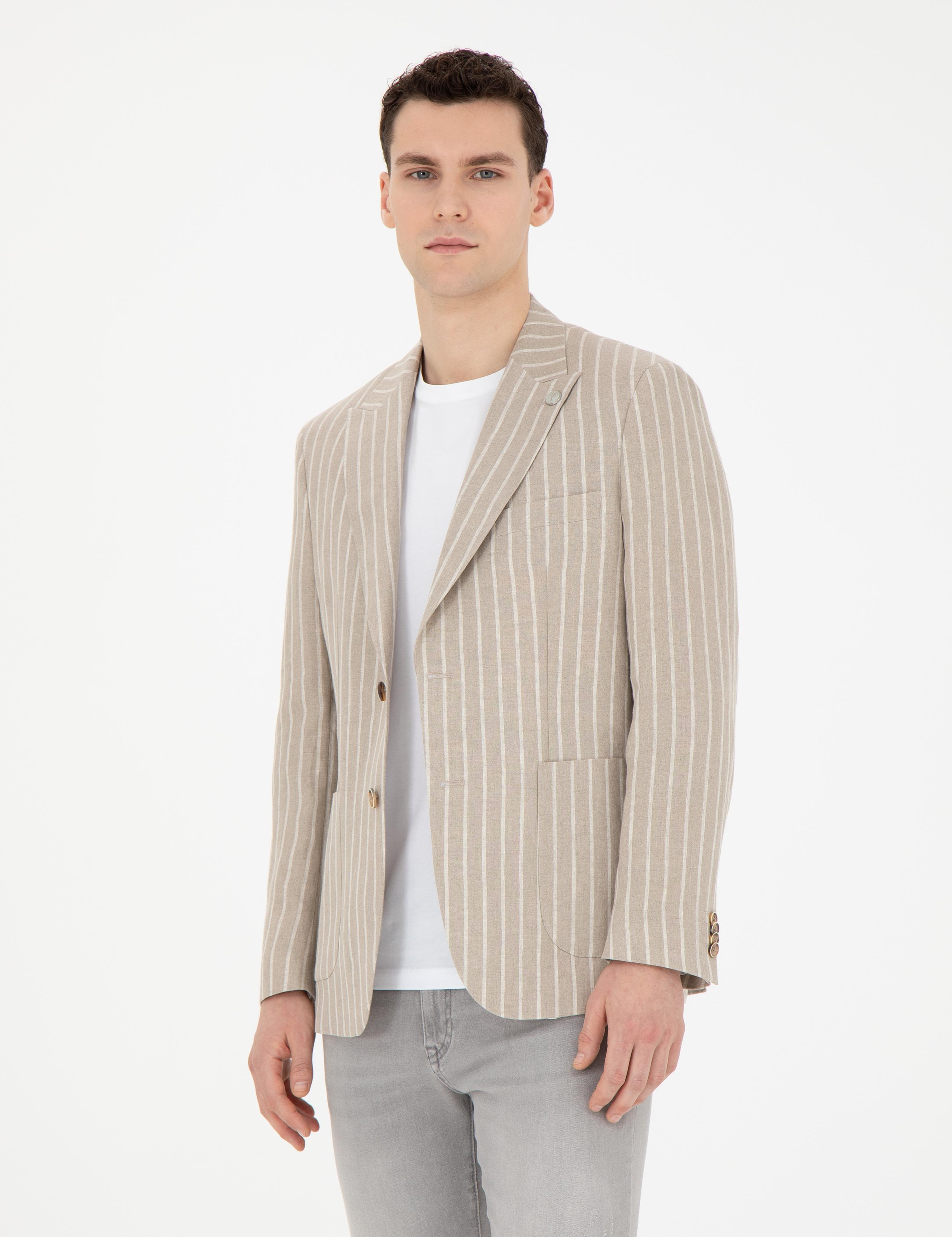 Açık Kahverengi Slim Fit Keten Çizgili Ceket