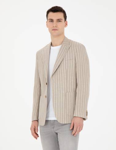 Açık Kahverengi Slim Fit Keten Çizgili Ceket