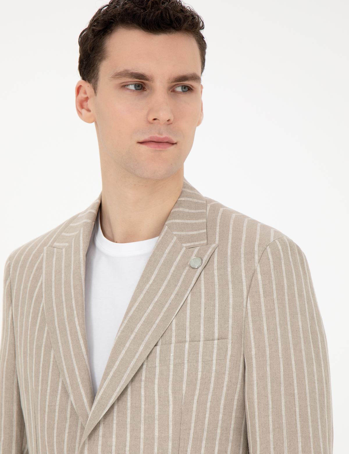 Açık Kahverengi Slim Fit Keten Çizgili Ceket - 50284995008