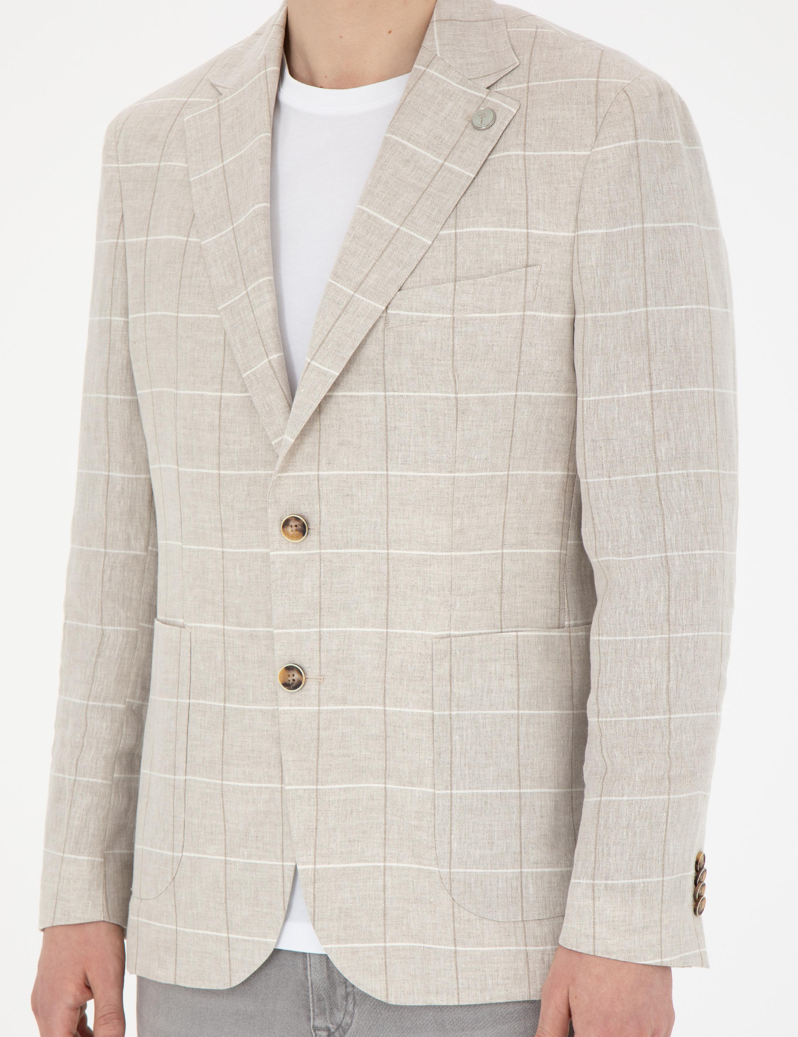 Bej Slim Fit Keten Ekose Ceket