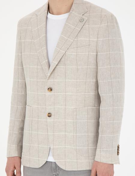 Bej Slim Fit Keten Ekose Ceket - 50285197005