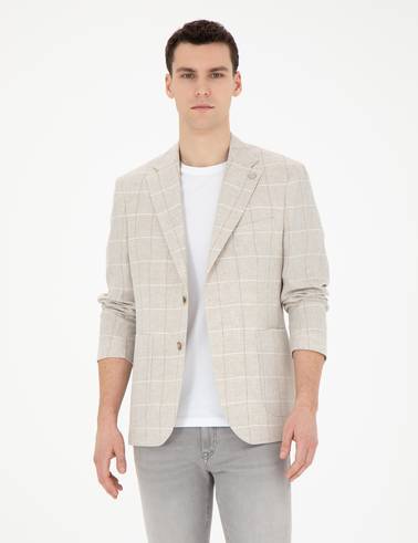 Bej Slim Fit Keten Ekose Ceket