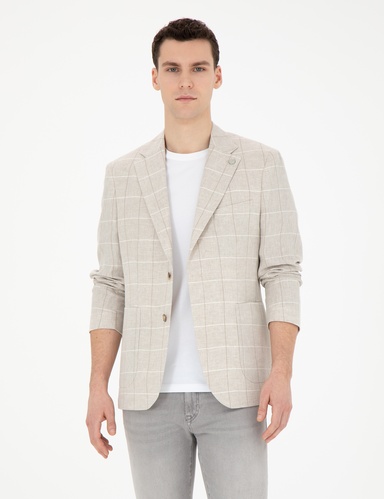 Bej Slim Fit Keten Ekose Ceket
