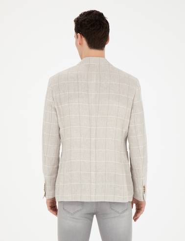 Bej Slim Fit Keten Ekose Ceket