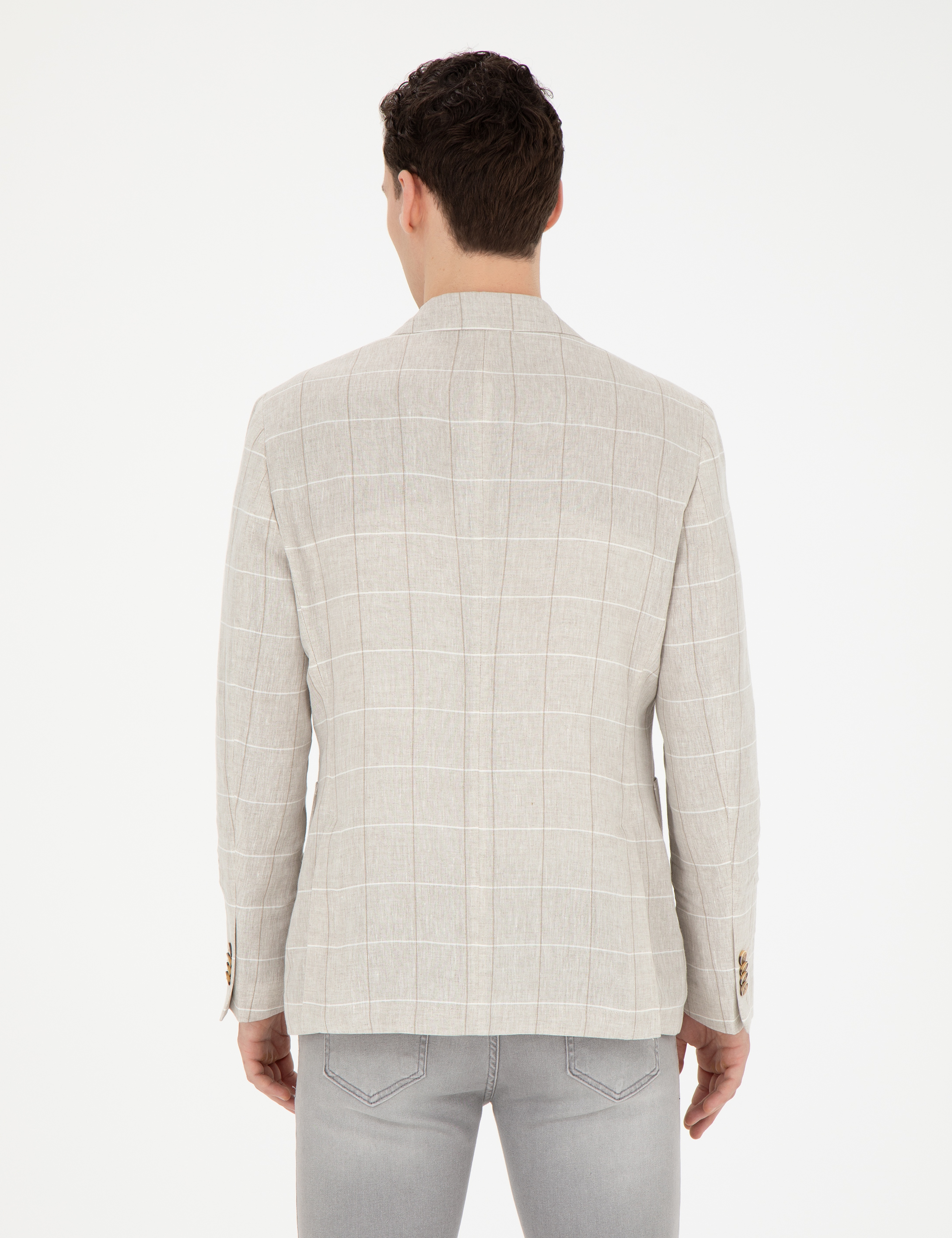 Bej Slim Fit Keten Ekose Ceket - Image 5