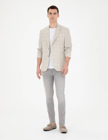Bej Slim Fit Keten Ekose Ceket