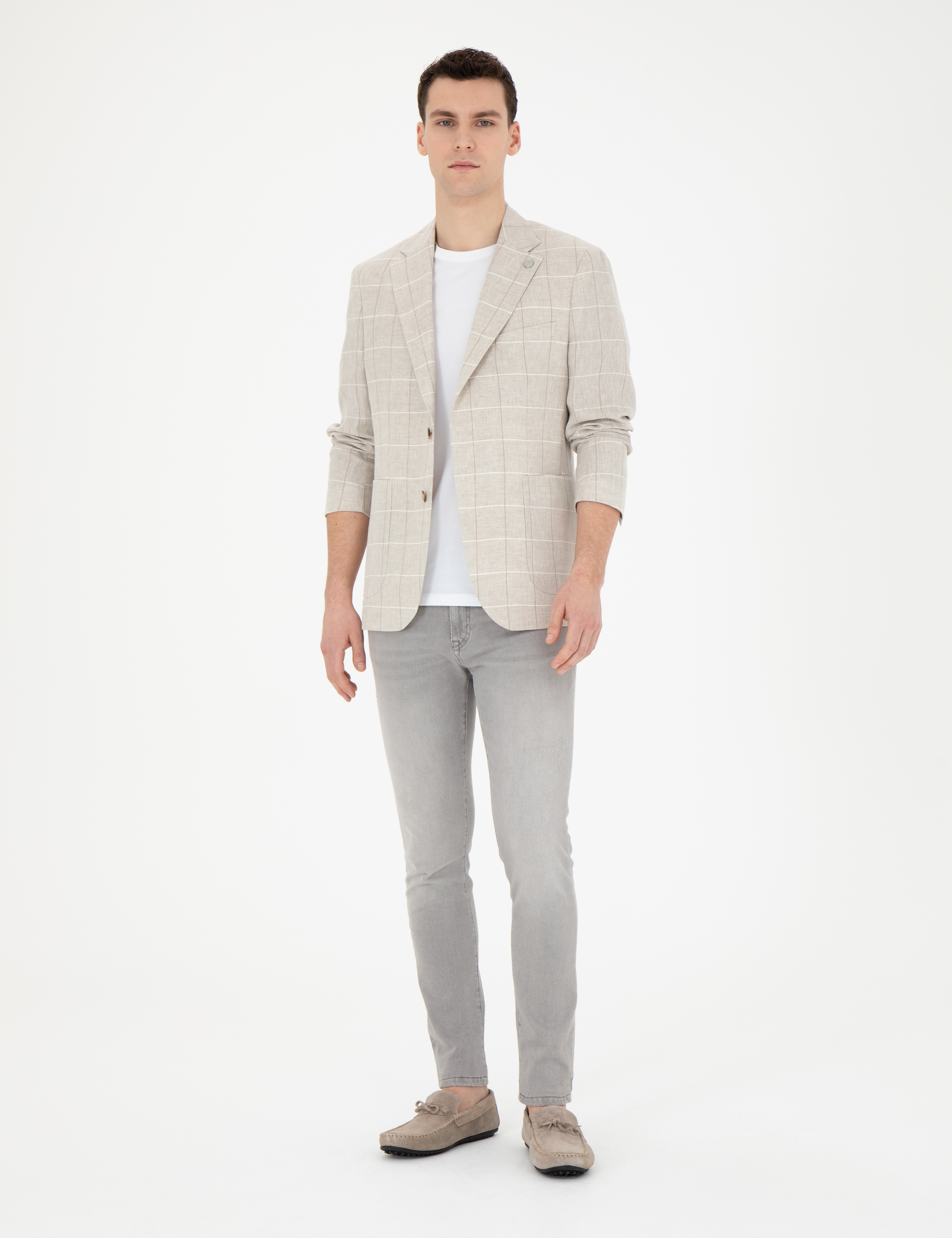 Bej Slim Fit Keten Ekose Ceket - Image 4