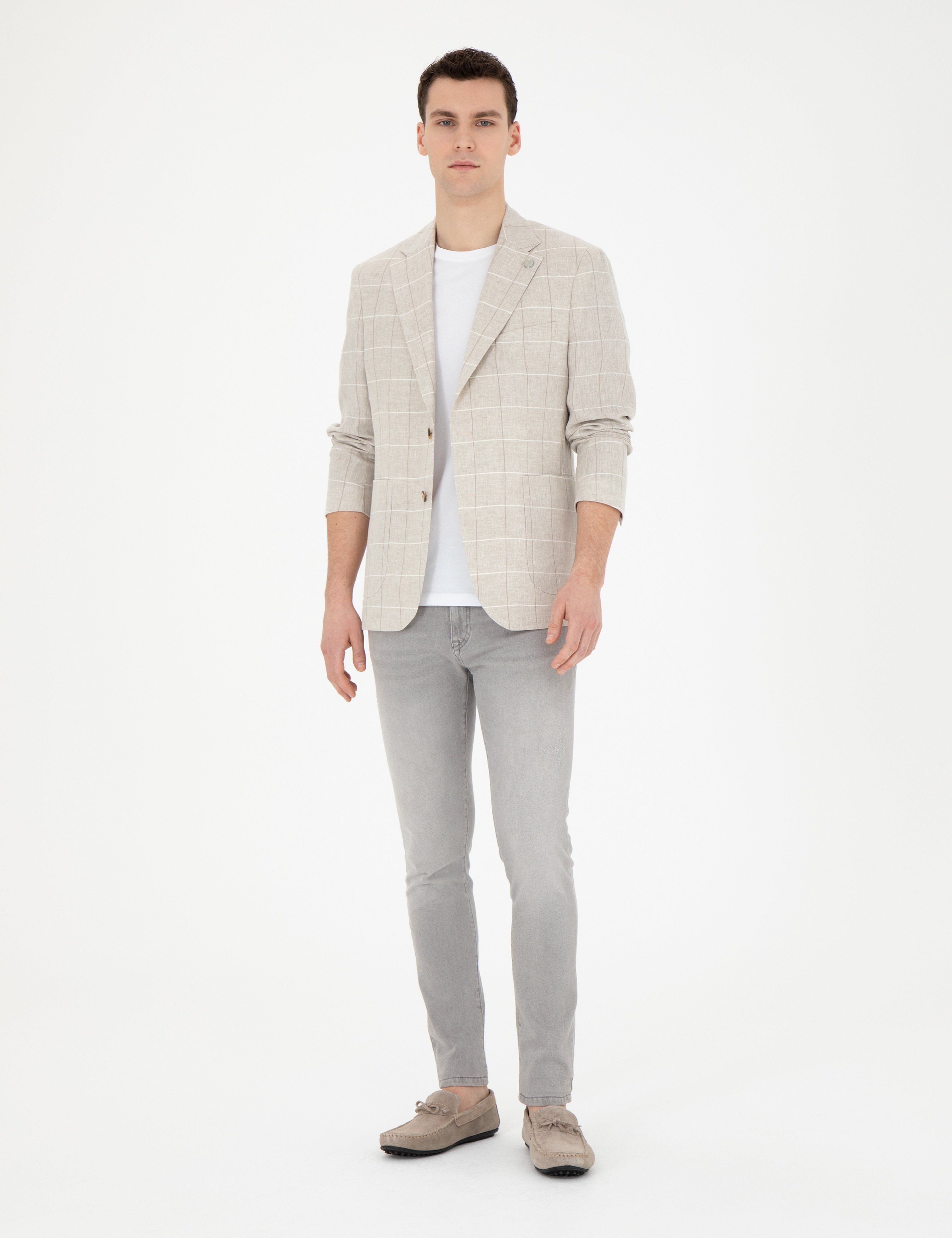 Bej Slim Fit Keten Ekose Ceket