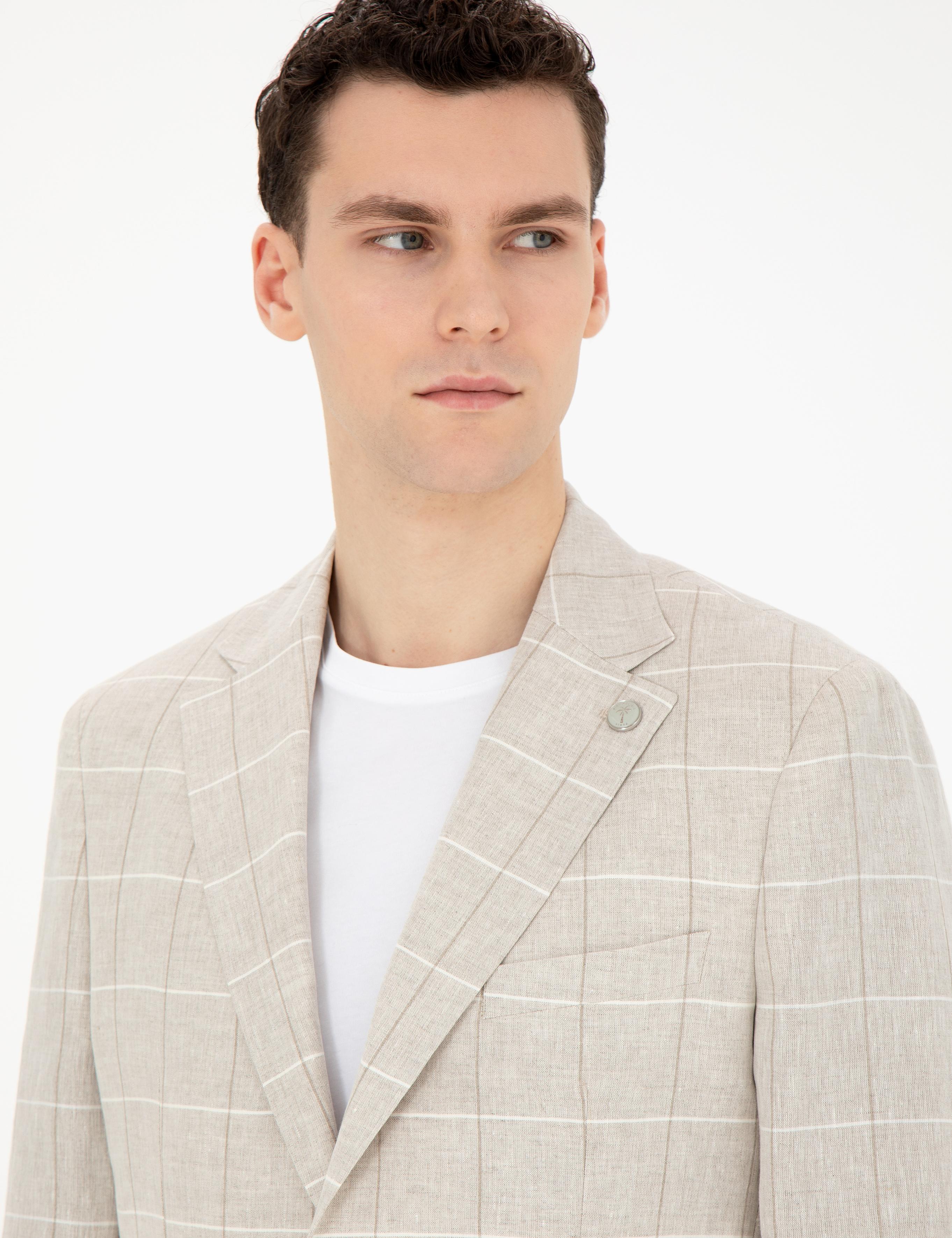 Bej Slim Fit Keten Ekose Ceket