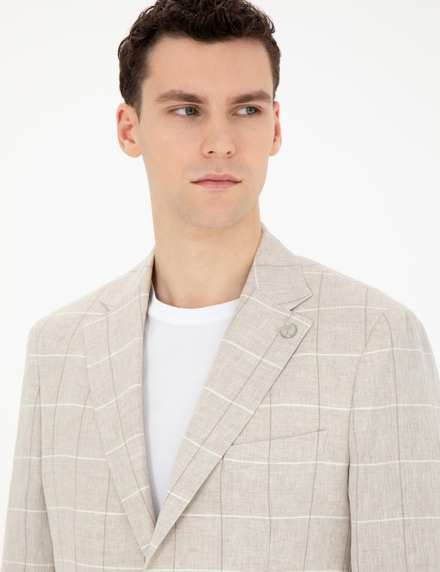 Bej Slim Fit Keten Ekose Ceket