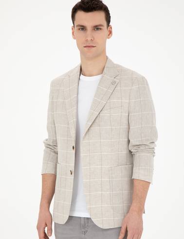 Bej Slim Fit Keten Ekose Ceket