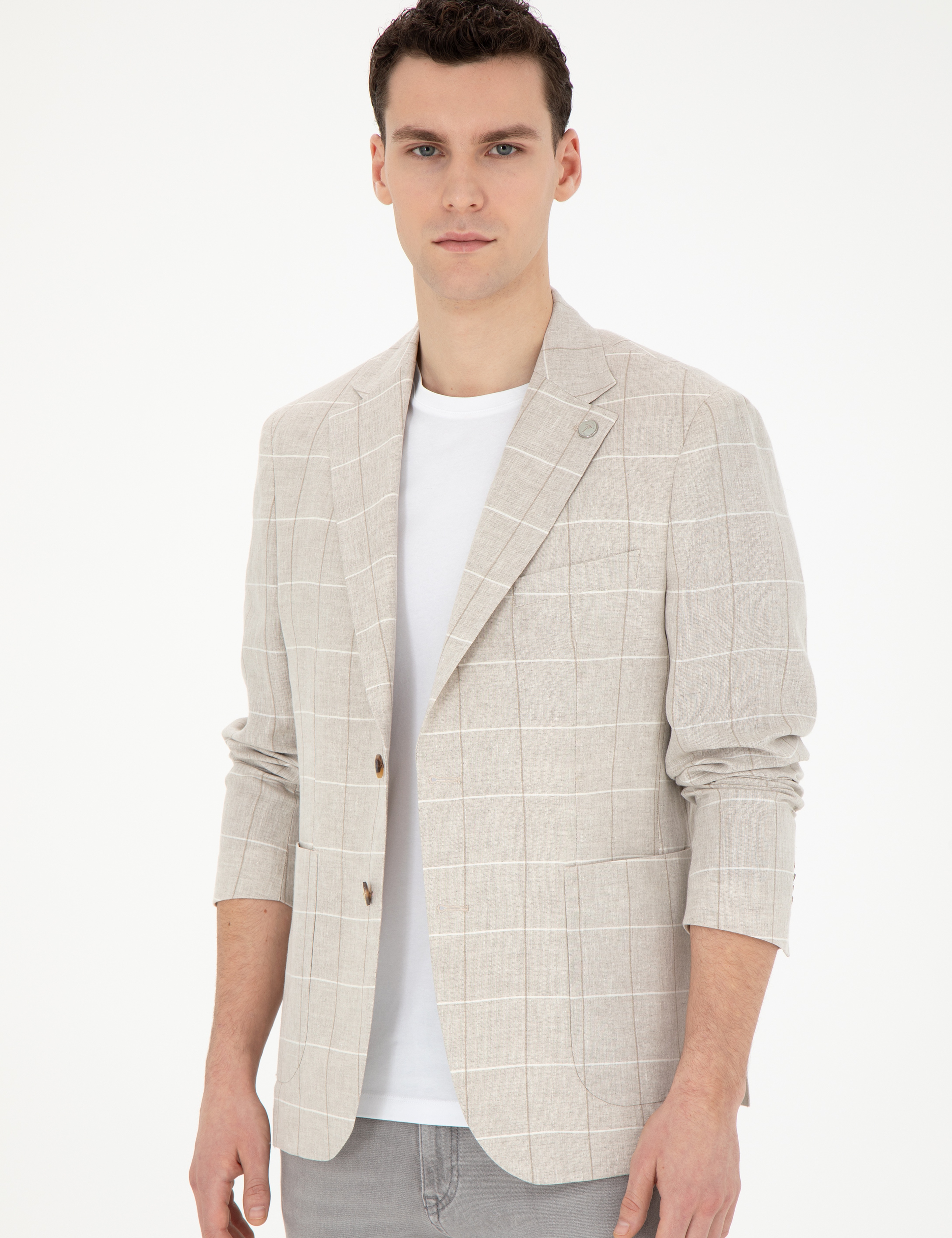 Bej Slim Fit Keten Ekose Ceket - Image 3