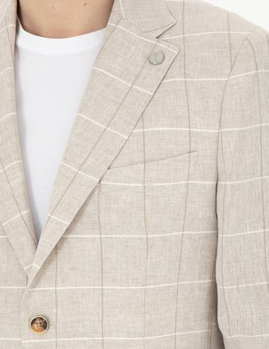 Bej Slim Fit Keten Ekose Ceket